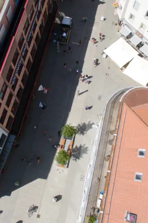 Bird’s-eye view of a pedestrian zone with paved surface.