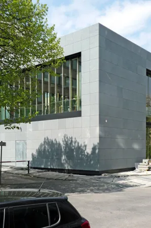 large natural stone façade of an office building