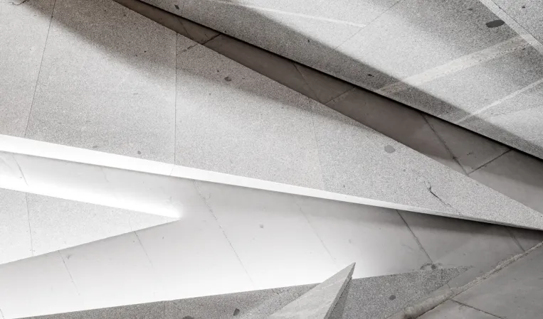 concert hall with splinter-shaped granite elements on the ceiling