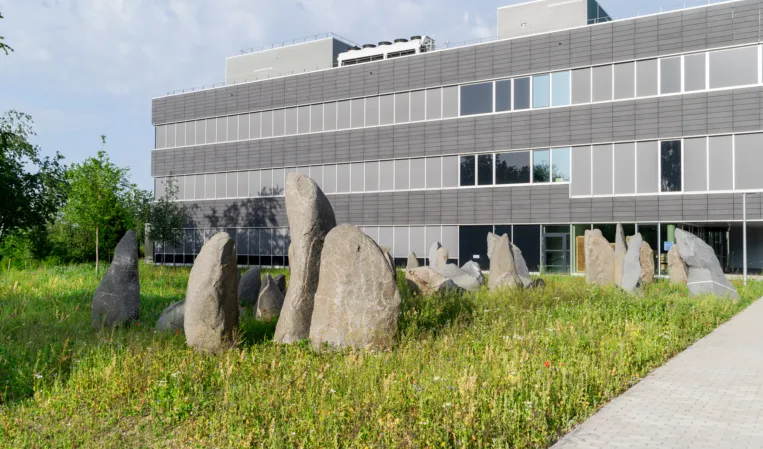 artwork made of boulders in front of an office building