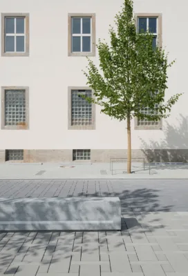 a bench made out of light-colored granti with an intergrated led strip at a public street