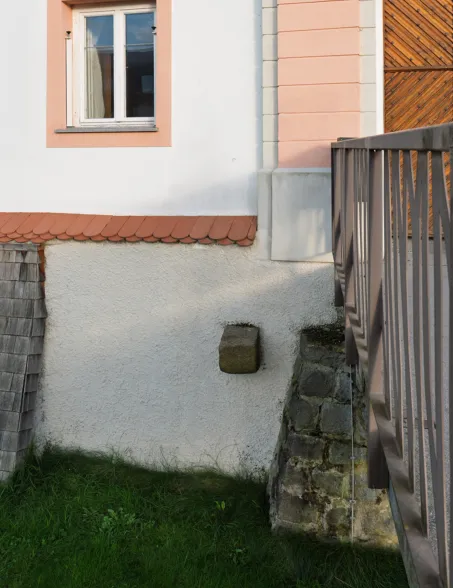 Detail view of a bridge pier integrated into the castle structure