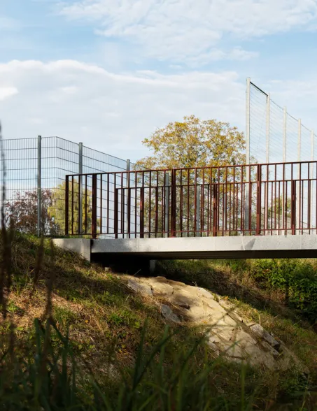 Granitbrücke über einen Grab mit natürlicher Bepflanzung